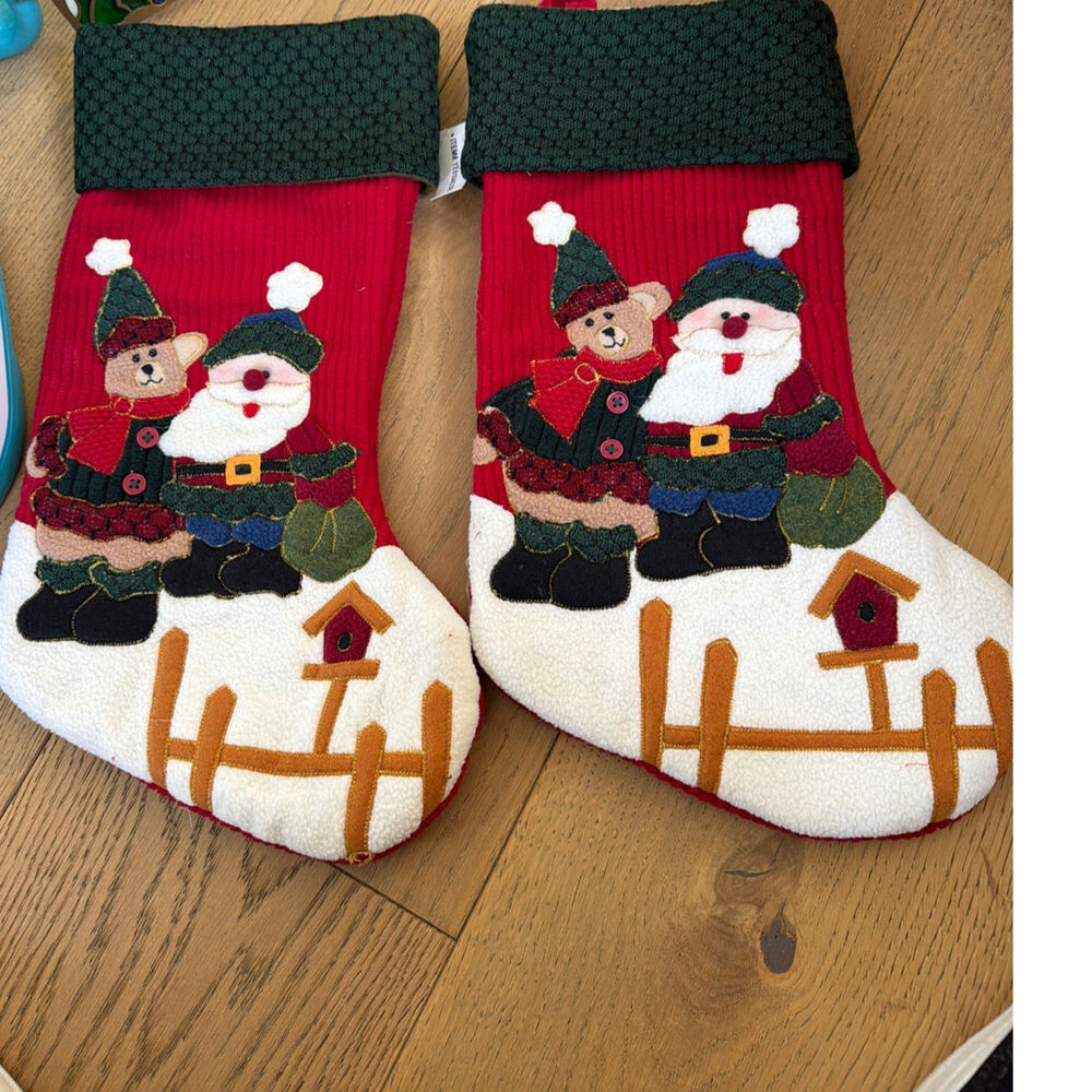 NEW Pair of Vintage Red and Green 16" Santa and Bear Holiday Stockings